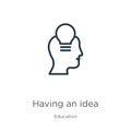 Having an idea icon. Thin linear having an idea outline icon isolated on white background from education collection. Line vector Royalty Free Stock Photo