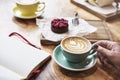 Having lunch with coffee flat white and sweet chocolate cookie in a cafe or restaurant. Woman hand holds a green cup.