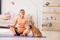 Having a rest. Woman with pug dog is at home at daytime Royalty Free Stock Photo