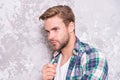 Having some thoughts. mens sensuality. sexy guy casual style. macho man grunge background. male fashion collection Royalty Free Stock Photo