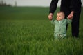 Having a walk. Mother with her little baby son is outdoors on the agricultural field Royalty Free Stock Photo