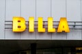 Illuminated logo of Billa grocery chain on the grey wall of the Elan shopping mall in Havirov, Czech Republic