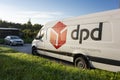 The side of white delivery van of DPD company which delivers parcels and packages