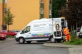The white Ford Transit van as an emergency vehicle of SmVaK company with necessary equipments for workers