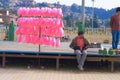 A Hawa Mithai or Cotton Candy or Sweet Sugar Candy food stall in the street side on a tourist spot near Mirik Lake Darjeeling West