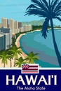 Hawaii The Aloha State Travel Poster With Beautiful Skyline Beach Illustration