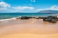 Hawaii beach. Blue ocean wave on sandy beach. Beach in sunset summer time. Beach landscape. Tropical seascape, calmness Royalty Free Stock Photo