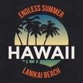 Hawaii beach tee print with palm tree. T-shirt design graphics stamp label typography. Vector Royalty Free Stock Photo