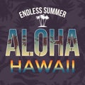 Hawaii beach tee print with palm tree. T-shirt design graphics stamp label typography. Vector Royalty Free Stock Photo