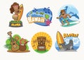 Hawaii cartoon badge design in set