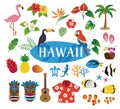 Hawaii Clip Arts Icon Set: tropical birds, tropical flowers, tiki masks, aloha shirt, sea turtles, gecko, tropical fish, ukulele,
