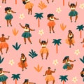 Hawaii dance seamless pattern. Women dancers playing ukulele and dancing Hula. Travel summer print.