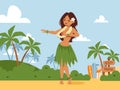 Hawaii dancing woman, vector illustration. Traditional dance of Hawaiian culture, summer landscape. Tropical island