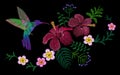 Hawaii flower embroidery arrangement patch. Fashion print decoration plumeria hibiscus palm leaves. Tropical exotic blooming bird