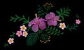 Hawaii flower embroidery arrangement patch. Fashion print decoration plumeria hibiscus palm leaves. Tropical exotic blooming bouqu Royalty Free Stock Photo