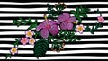 Hawaii flower embroidery on black white seamless stripe background. Fashion print decoration plumeria hibiscus palm leaves. Tropic Royalty Free Stock Photo