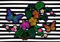 Hawaii flower embroidery trend geometric black white stripe. Fashion print decoration plumeria hibiscus palm leaves. Tropical exot Royalty Free Stock Photo