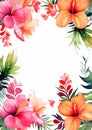 hawaii flowers watercolor border on white background