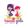 Hawaii Girls, Hula Dancing, Hawaiian Kids in a dress mascot Character