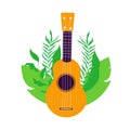 Hawaii guitar ukulele with hand drawn tropical leaves on background. Vector illustration