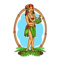 Hawaii Hula Girl Carrying Coconut Cocktail Mascot Logo
