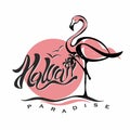 Hawaii. Lettering. Flamingo. Sunset. Logo. Travel. Vacation. Welcome card. Tourism industry. Vector.
