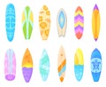 Hawaii longboards. Unusual colorful surfboards, surfing malibu or australia sun beach hawaiian surfer wooden board