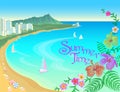 Hawaii ocean bay blue water sunny sky summer travel vacation background. Boats sand beach flowers umbrellas hot day