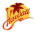 Hawaii with a palm tree, burning torches, stylized ocean wave and the sun