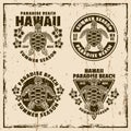 Hawaii paradise beach set of vector emblems, labels, badges or logos. Illustration on background with grunge textures Royalty Free Stock Photo