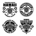 Hawaii paradise beach set of vector emblems, labels, badges or logos in vintage monochrome style with sea turtle top Royalty Free Stock Photo