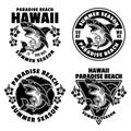 Hawaii paradise beach set of vector emblems, labels, badges or logos in vintage monochrome style with shark isolated on