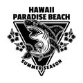 Hawaii paradise beach vector vintage emblem, label, badge or logo with shark. Illustration in monochrome style isolated