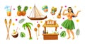 Hawaii party. Hawaiian traditional elements. Cocktails, pineapples, torch, ship Hawaiian canoe, palms, bar counter, traditional Royalty Free Stock Photo