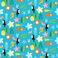 Hawaii pattern with tucans, parrots, leafs and surfs