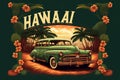 Hawaii retro style art poster holiday surfing and surf Illustration generative ai