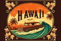 Hawaii retro style art poster holiday surfing and surf Illustration generative ai