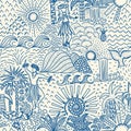 Hawaii seamless pattern blue. Repeating background with Hula dancing men and women, waves, waterfalls, palm trees