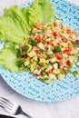 Hawaii style vegetarian raw eating salad. served in beauiful blue plate on white table. flat lay. close up