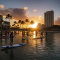 hawaii sunset over waikiki beach