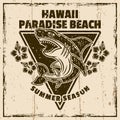 Hawaii surfing paradise beach vector vintage emblem, label, badge or logo with shark. Illustration on background with