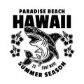 Hawaii surfing paradise beach vector vintage emblem, label, badge or logo with shark. Illustration in monochrome style
