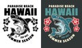 Hawaii surfing paradise beach vector vintage emblem, label, badge or logo with shark. Illustration in two styles black