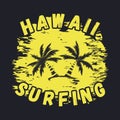 Hawaii surfing typography for design clothes, t-shirts with palm trees. Graphics for print product, apparel. Vector.