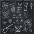 Hawaii Symbols and Icons, including Hula skirt, tiki gods, totem pole, drums, guitar, palm Royalty Free Stock Photo