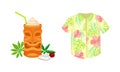 Hawaii symbols set. Hawaiian aloha shirt and exotic cocktail cartoon vector illustration