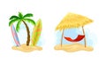 Hawaii symbols set. Palm tree, surfboards and hammock cartoon vector illustration Royalty Free Stock Photo