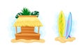 Hawaii symbols set. Tiki bar and surfboards cartoon vector illustration