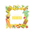 Hawaii Travel Banner Template with Travelling Symbols of Square Frame Vector Illustration