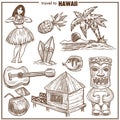 Hawaii travel famous symbols vector sketch